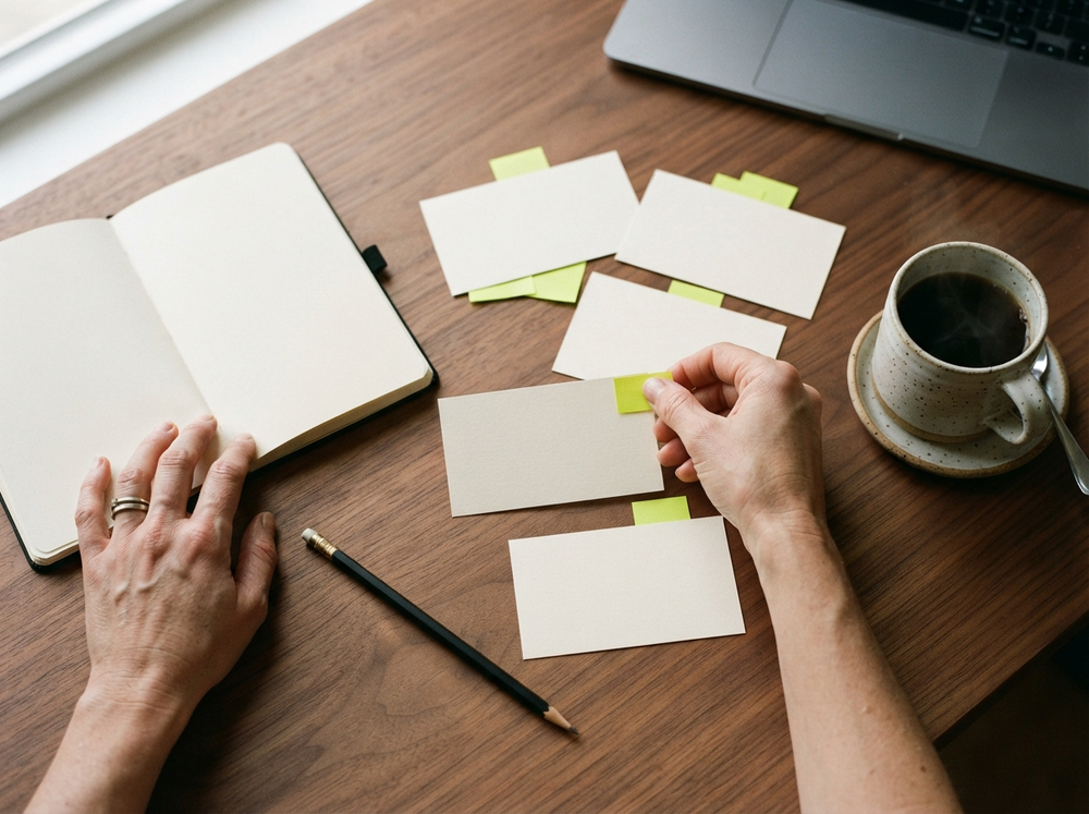 Hands arranging blank planning cards beside a laptop and coffee