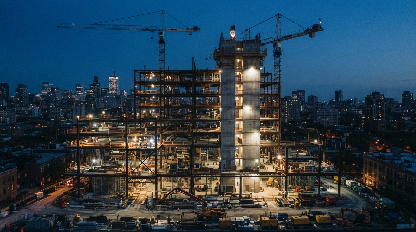Steel frame construction site at dusk with cranes and workers in warm light