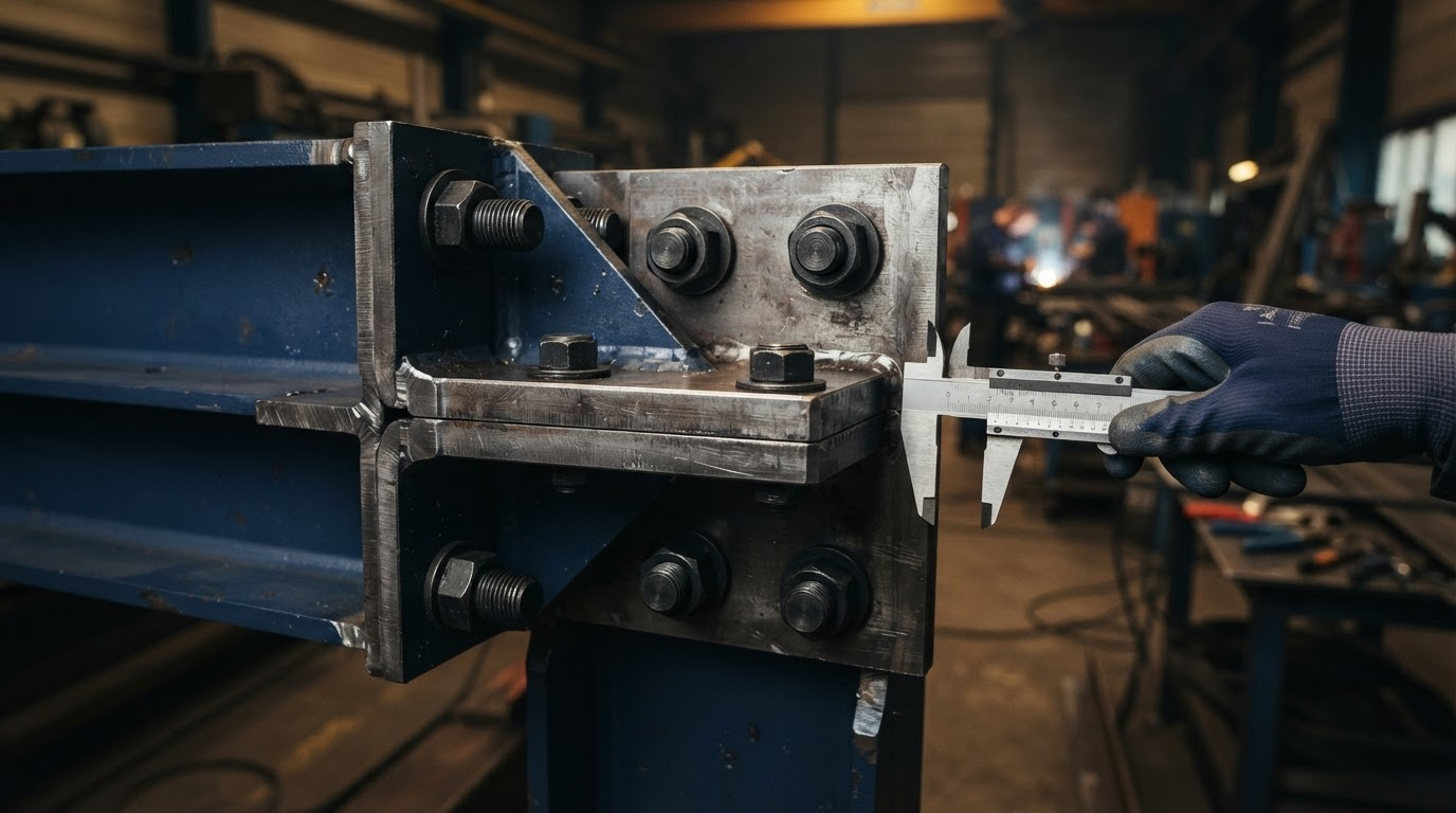 Close editorial view of precise steel engineering connections and structural details