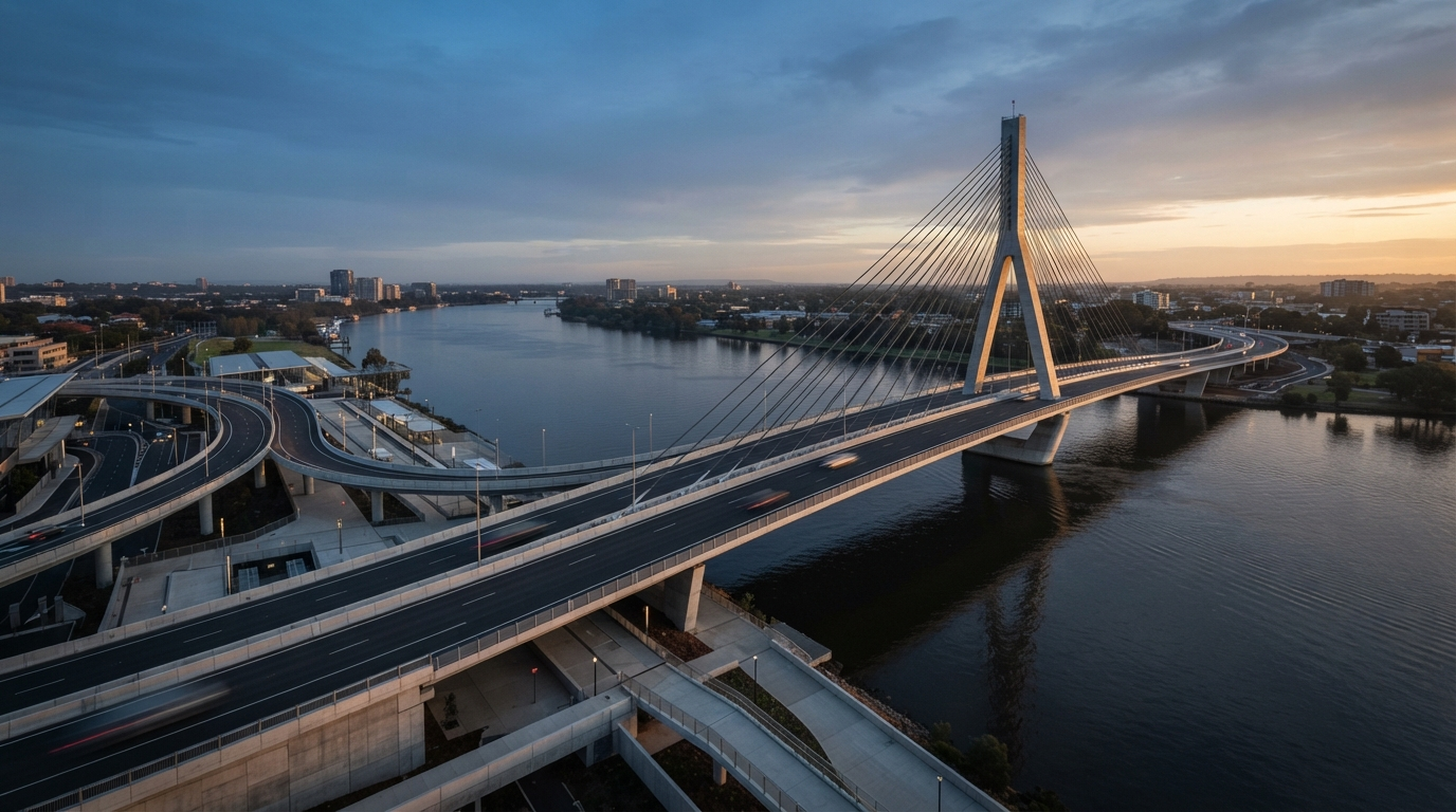 Long concrete bridge crossing a wide river beneath a dramatic steel-blue sky