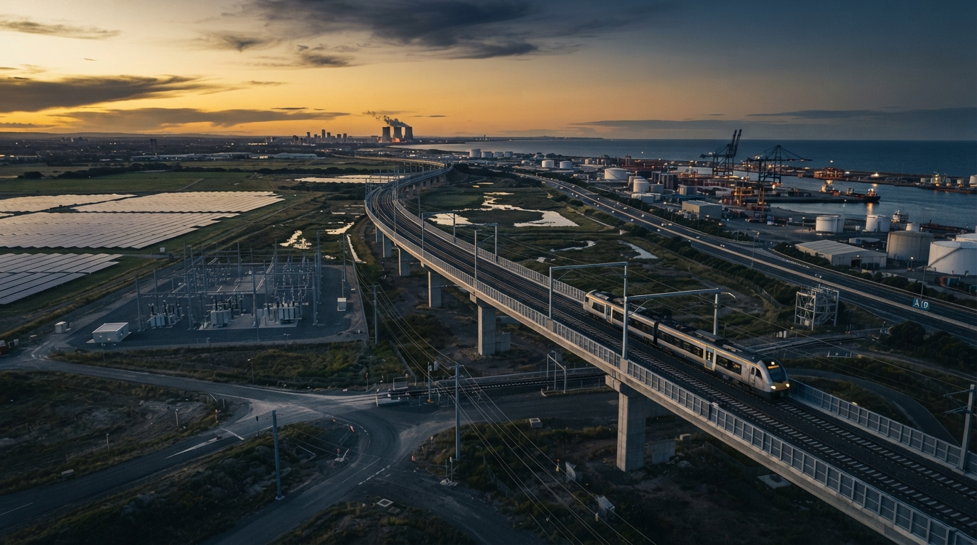 Energy and transport infrastructure corridor with wind turbines, solar fields, and a lit roadway