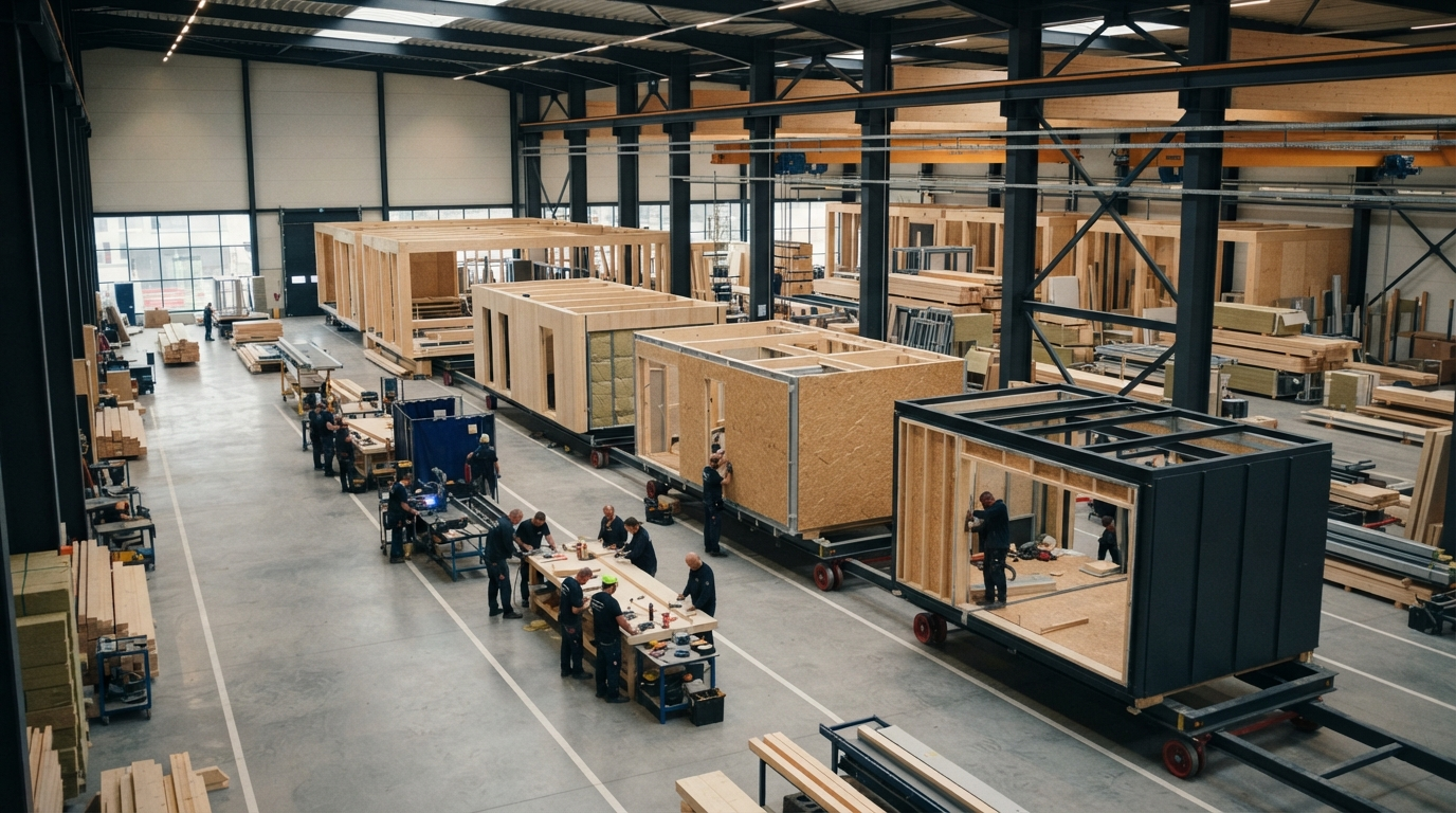 Modern modular construction hall with prefabricated building sections and overhead cranes
