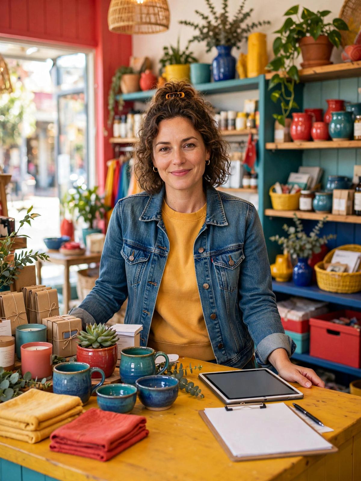 Small-business owner standing in a colorful independent shop