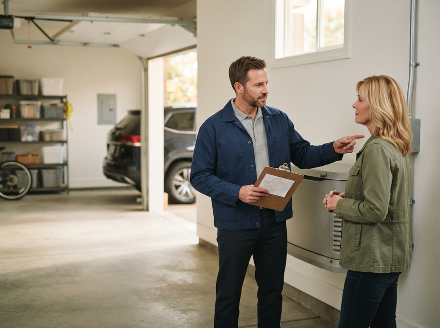 Backup power service advisor discussing a generator with a homeowner