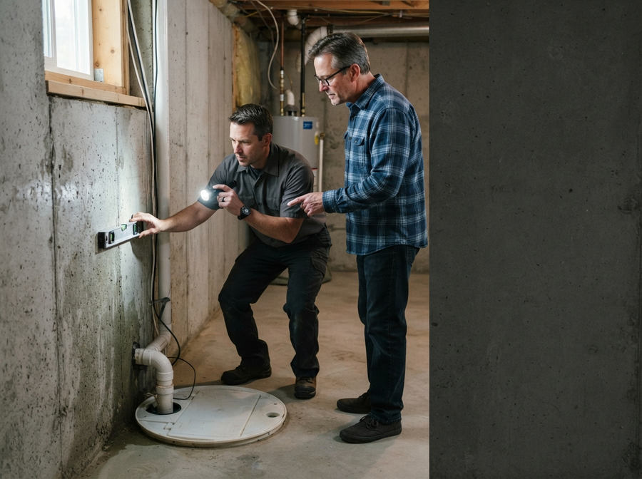 Waterproofing contractor inspecting a basement foundation with a homeowner