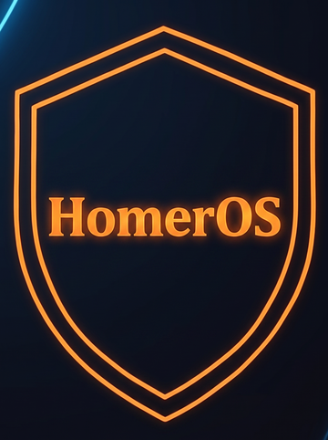 HomerOS - orange neon shield with HomerOS single-line wordmark