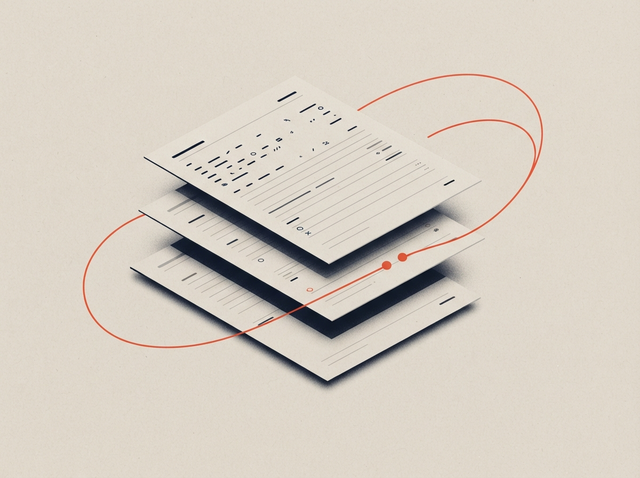 Layered proposal pages with a coral follow-up loop and engagement marks