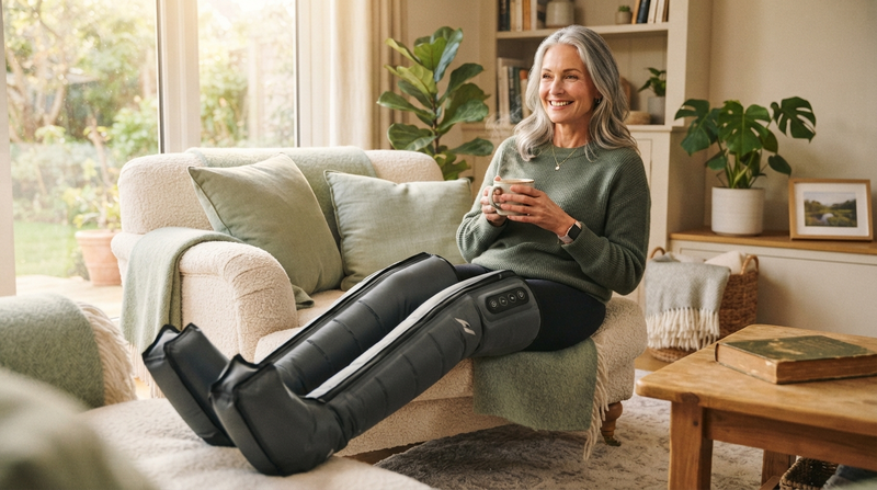 An active woman in her 50s relaxing at home while using Normatec Elite wireless compression boots
