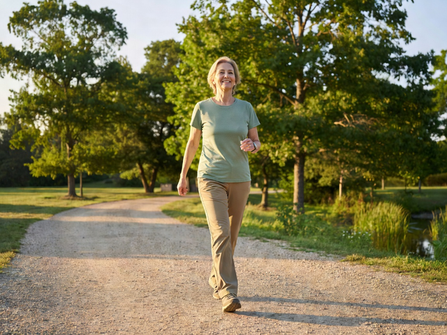 Woman walking comfortably along a sunny park path