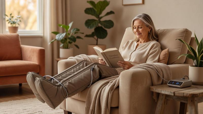 Older woman relaxing in a comfortable chair at home using compression boots on her legs