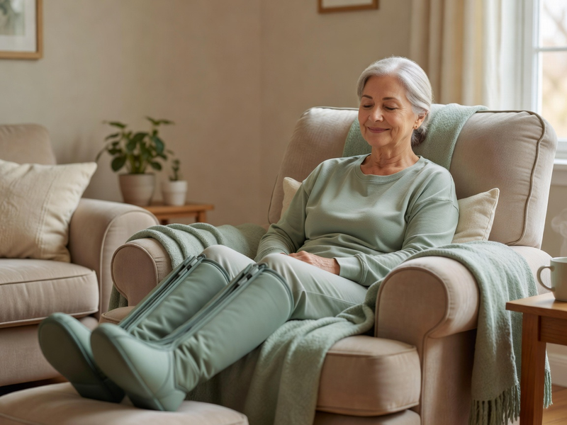 Active woman in warm living room using Normatec Elite after a walk — cordless full-leg recovery