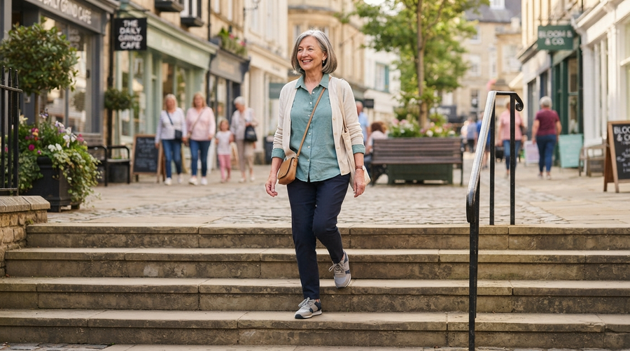 Older woman comfortably climbing outdoor steps in a shopping area, showing confident everyday mobility.
