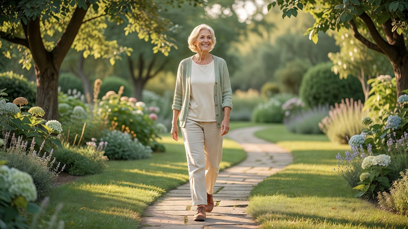 Woman in her late 60s walking comfortably on a garden path, looking refreshed and happy