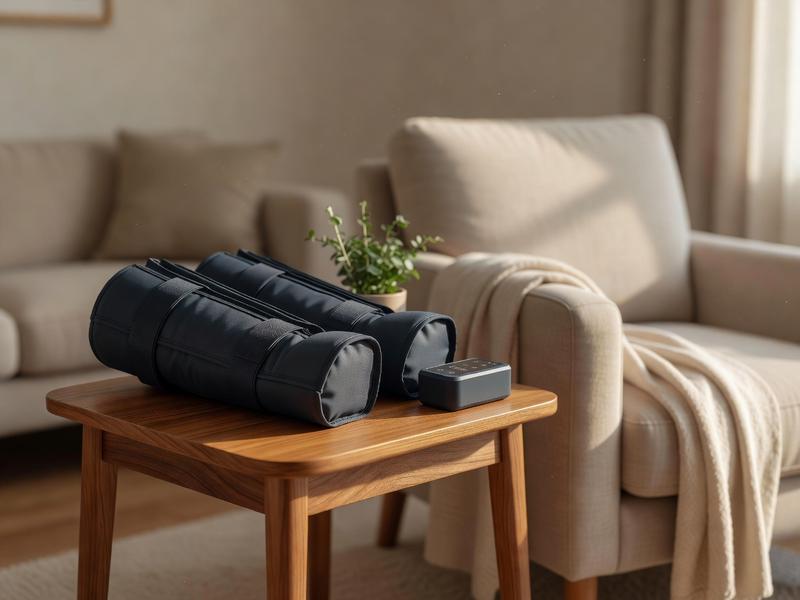 Fit King Cordless compression boot system with leg wraps and portable pump unit on a living room side table