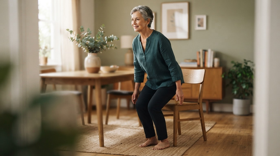 Older woman rising from a chair without using her hands, demonstrating functional leg strength.