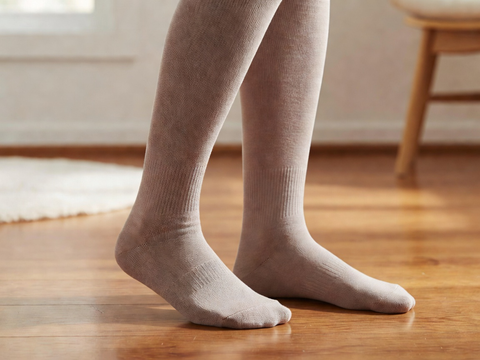 Person wearing comfortable compression socks standing on a wooden floor at home