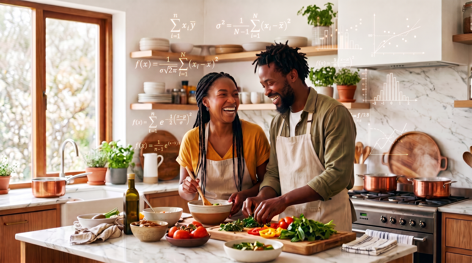 A happy couple cooking in a bright kitchen with white marble counters, overlaid with mathematical formulas representing the science and data of marriage