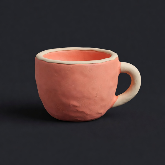 Handmade coral clay mug on a dark studio background