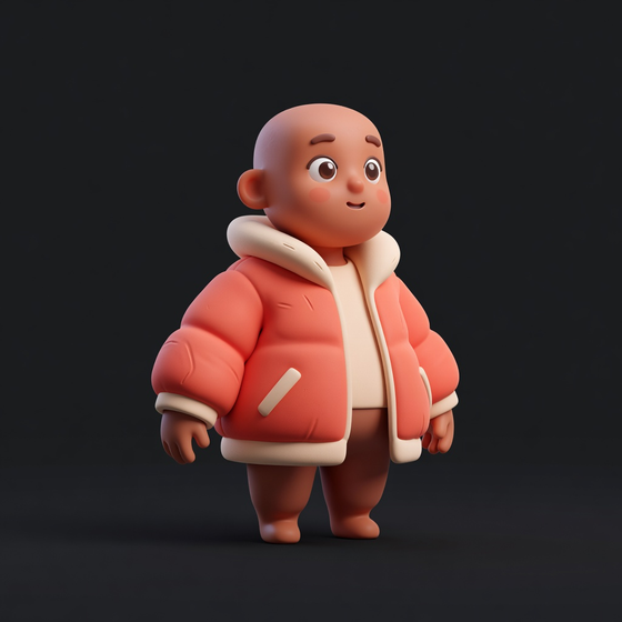 Stylized character in a coral jacket against a dark studio background