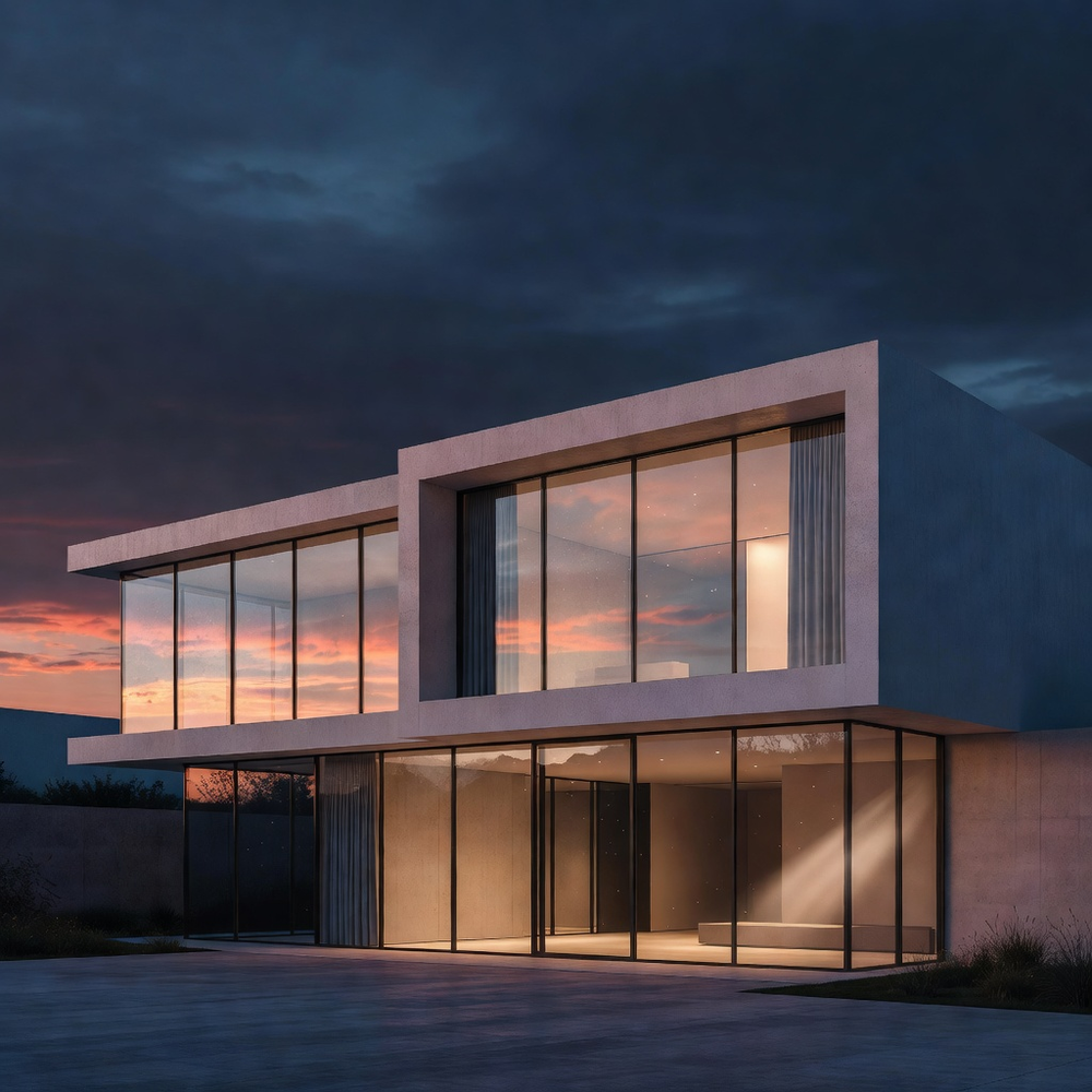 Modern glass house glowing at blue hour