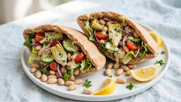 Lemon-Herb White Bean & Artichoke Pitas