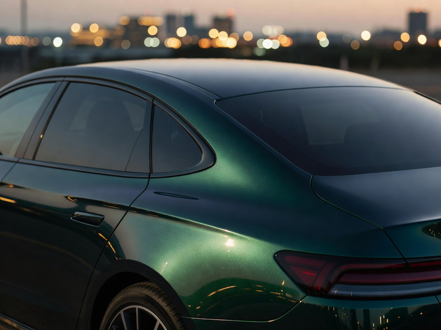 Luxury sedan with deep metallic emerald color-shift vinyl wrap at dusk