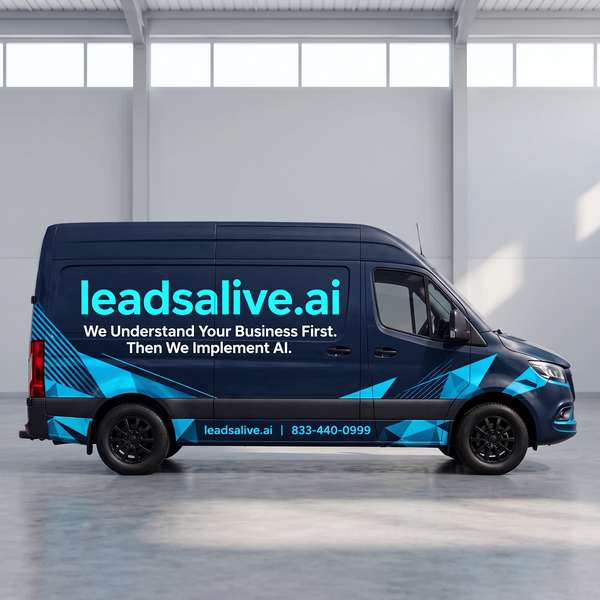 LeadsAlive.ai-branded van with a blue-and-navy geometric wrap in a bright generic warehouse