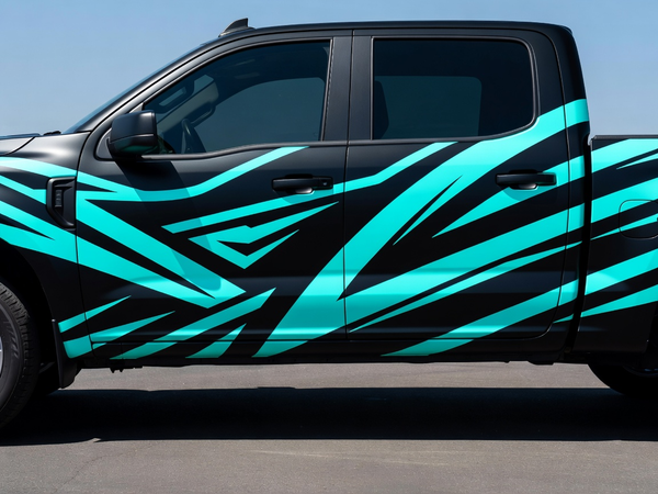 Pickup truck with matte black body and bright cyan graphic vinyl wrap