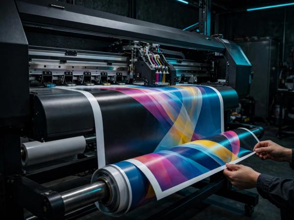 Large-format printer actively producing wide-format vinyl material in a generic production shop