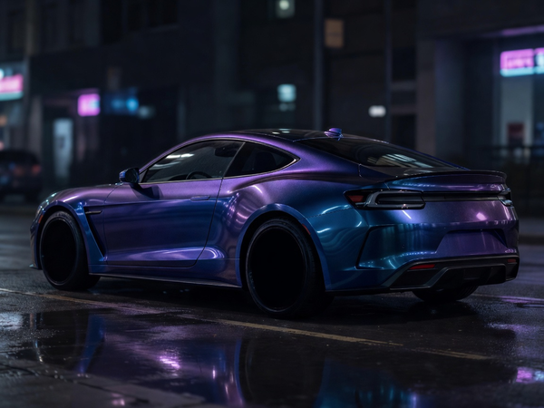 Sports coupe with purple-and-blue chameleon color-shift wrap at night