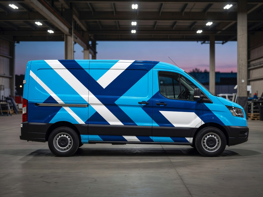 Branded commercial fleet van with cyan, navy, and white geometric vehicle wrap