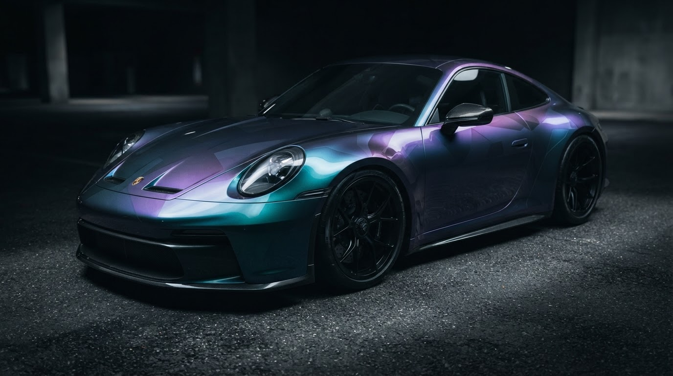 Sports coupe with iridescent teal, purple, and blue color-shift vinyl wrap