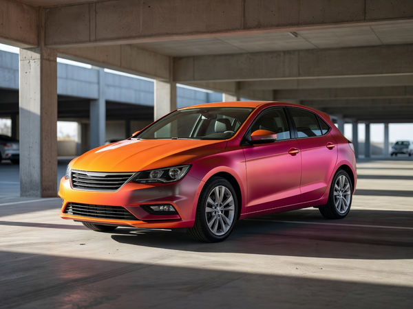 Hatchback with orange-to-magenta gradient color-shift vinyl wrap