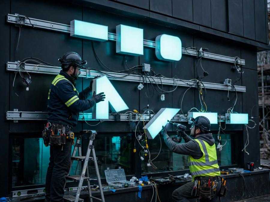 Two workers actively mounting illuminated blank channel letters on a dark storefront facade