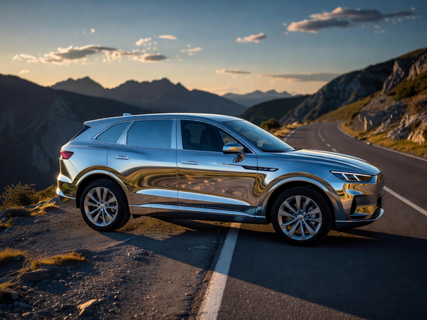 SUV with reflective chrome-finish vinyl wrap on a mountain road