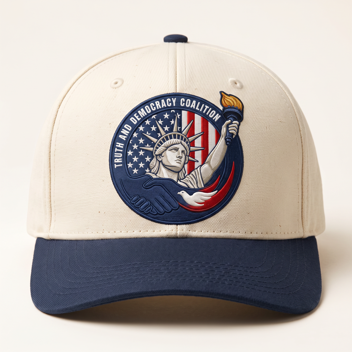 Photo preview of a white cap featuring the original full-color Truth and Democracy Coalition emblem.