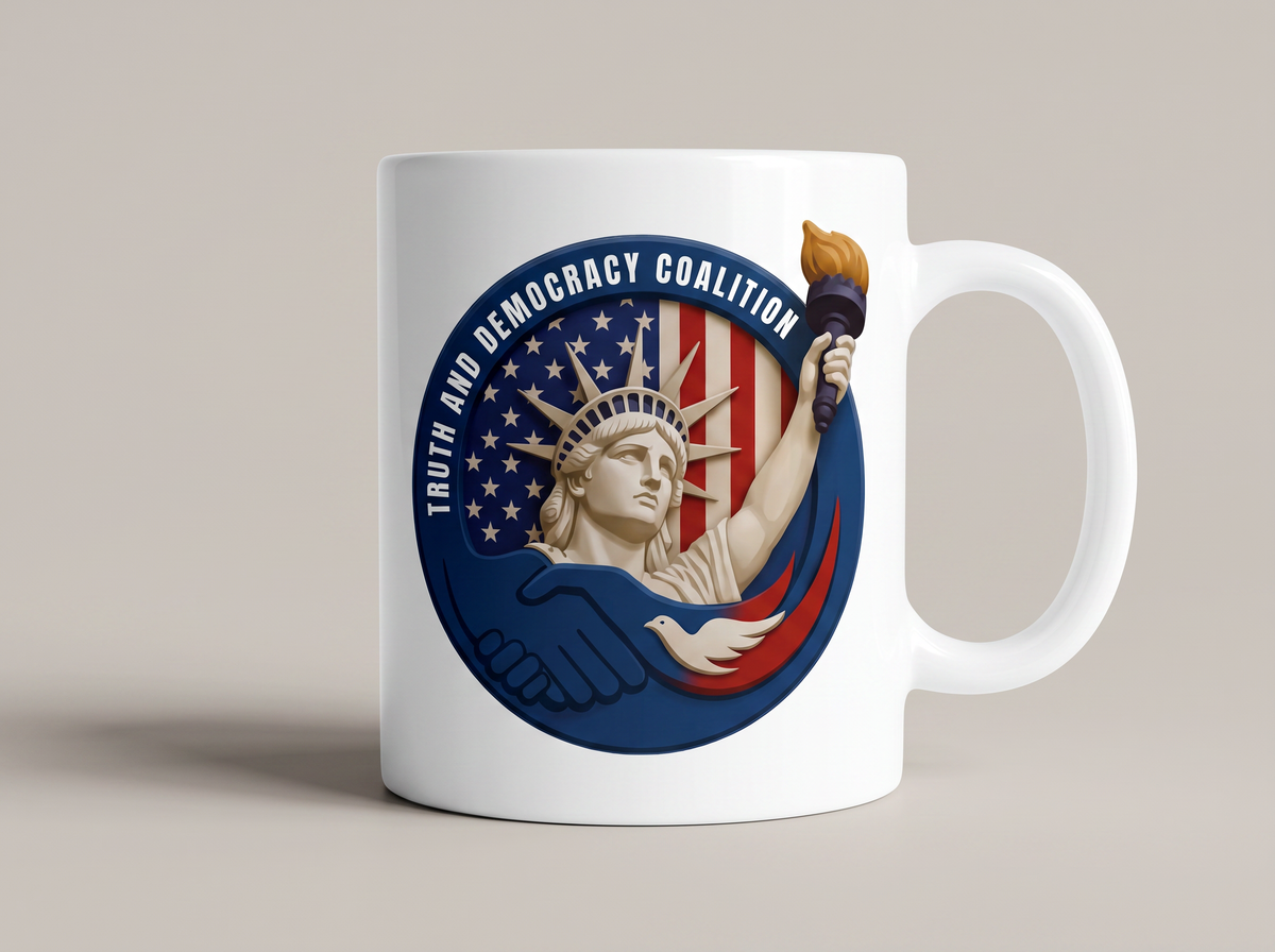 White mug with the original full-color Truth and Democracy Coalition emblem