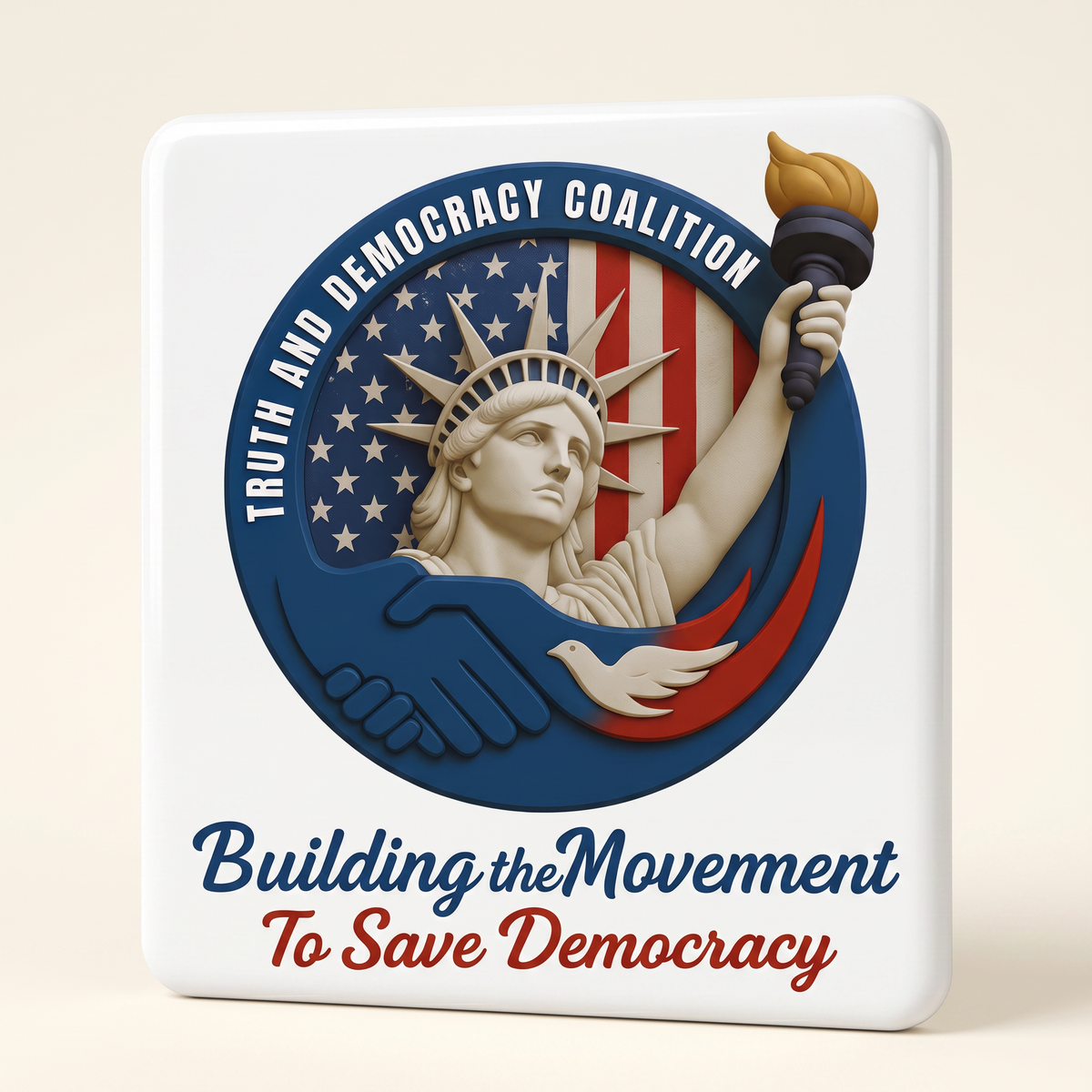 White rectangular magnet with the Truth and Democracy Coalition Building the Movement To Save Democracy artwork, local design example