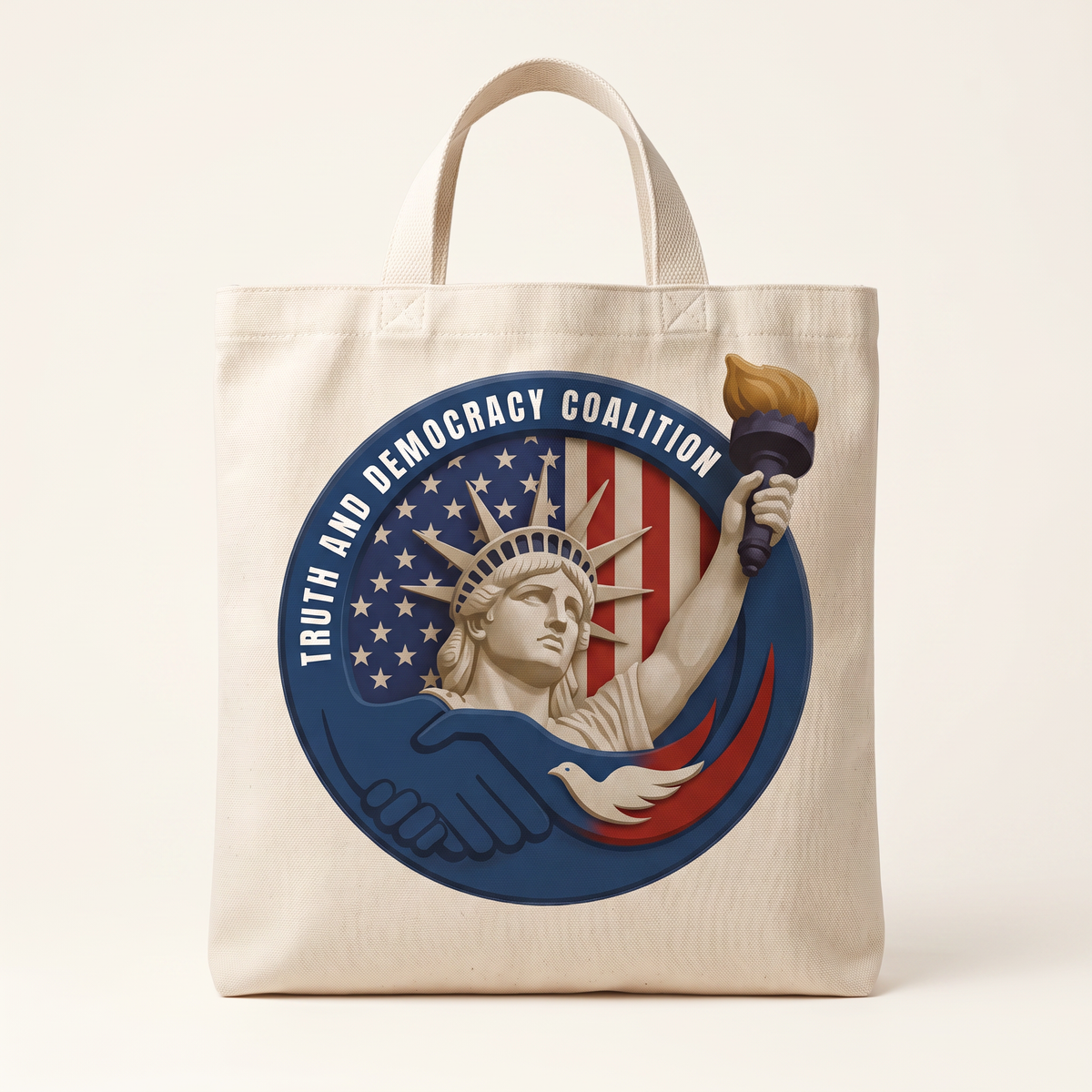 Natural canvas bag with the full-color Truth and Democracy Coalition emblem