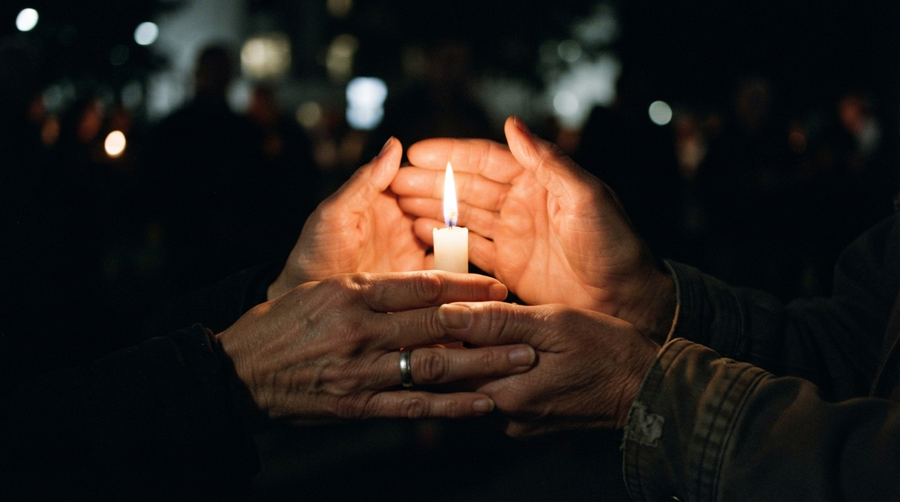 Hands cupping a lit candle in the dark