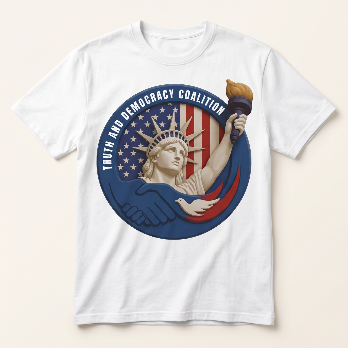 White T-shirt with the full-color Truth and Democracy Coalition emblem