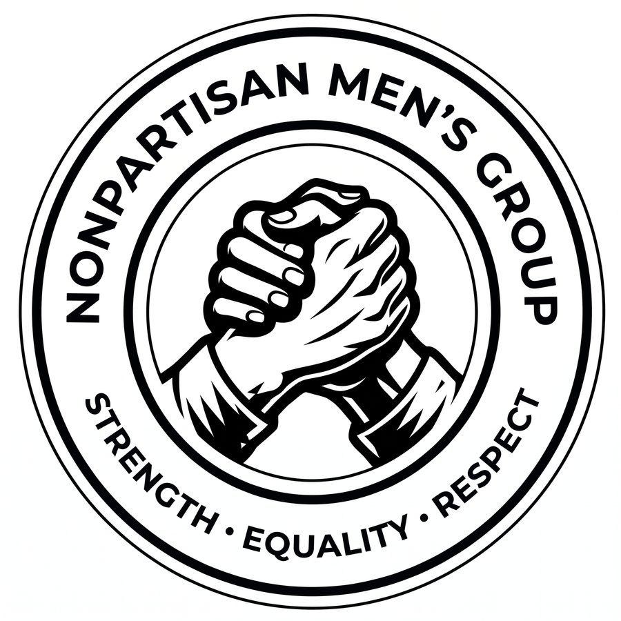 Black-and-white Nonpartisan Men’s Group logo showing joined hands
