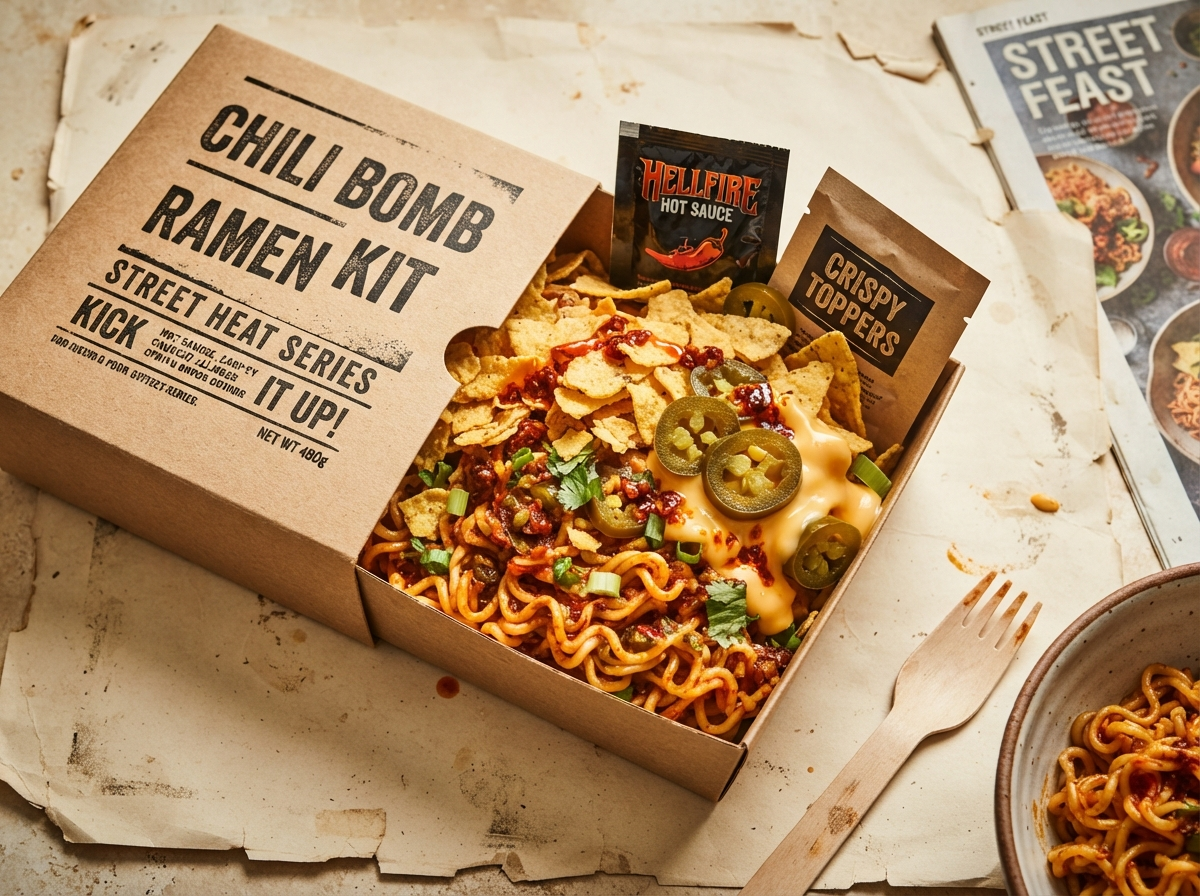 Open Pinta Pantry chili crunch kit with noodles, chips, and hot sauce packets