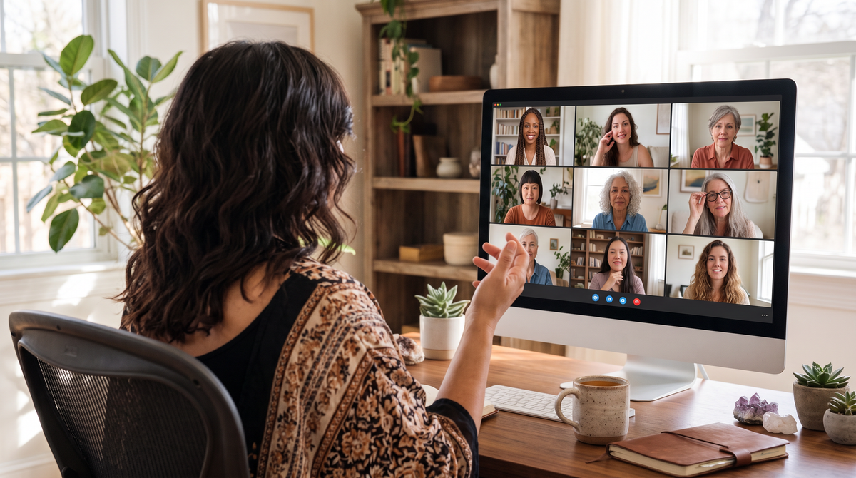 Illustrative rear view of a dark-haired facilitator at her desk, facing a screen with women in a video-call grid.