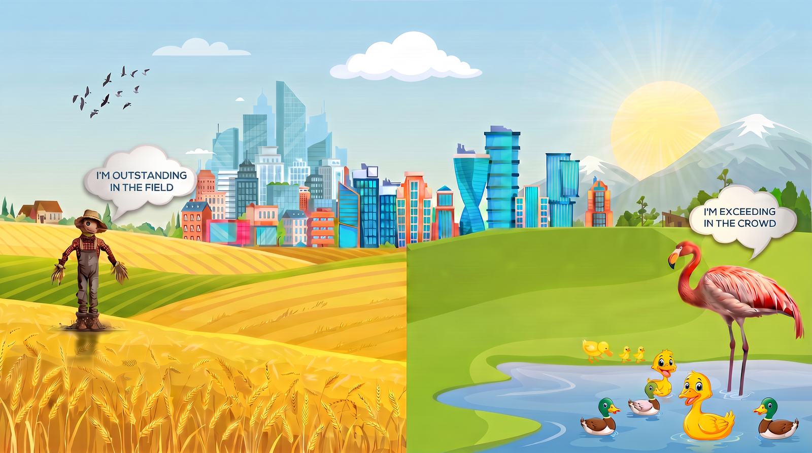 Illustrated driving school landscape with a scarecrow, flamingo, pond, and city skyline