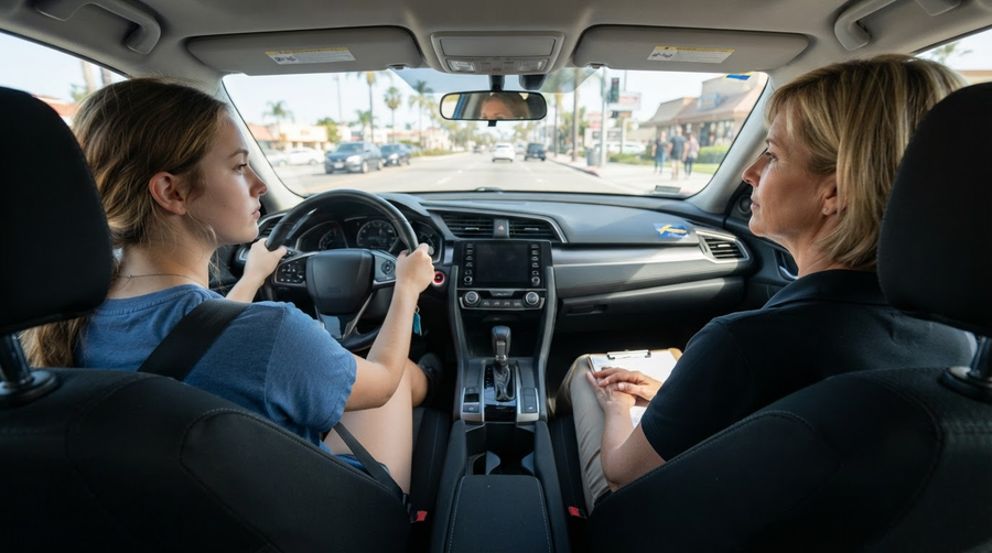 Driver practicing steering and dashboard control before a San Diego DMV road test