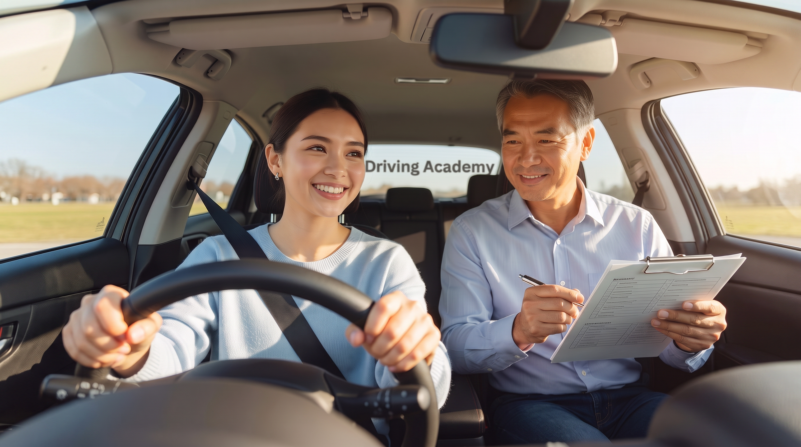 Student driver smiling with driving instructor