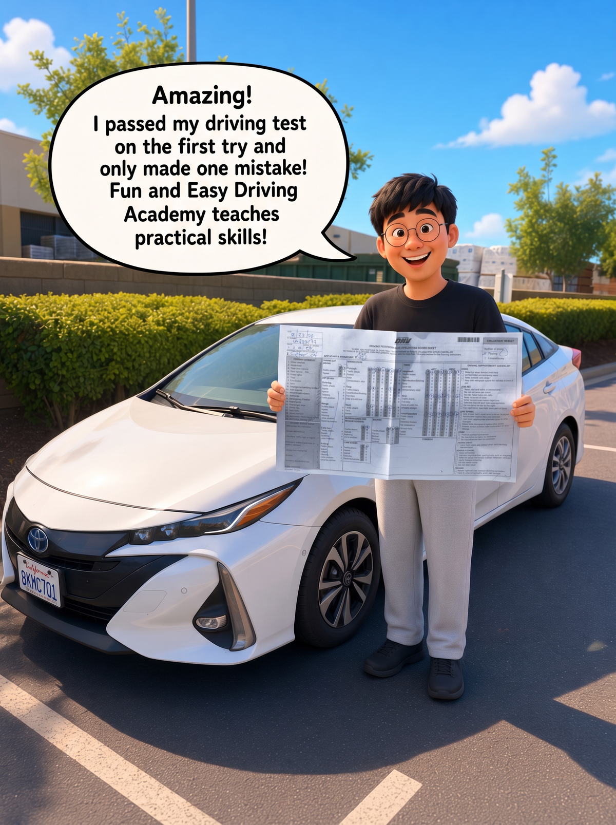 Student holding a DMV score sheet beside a white car
