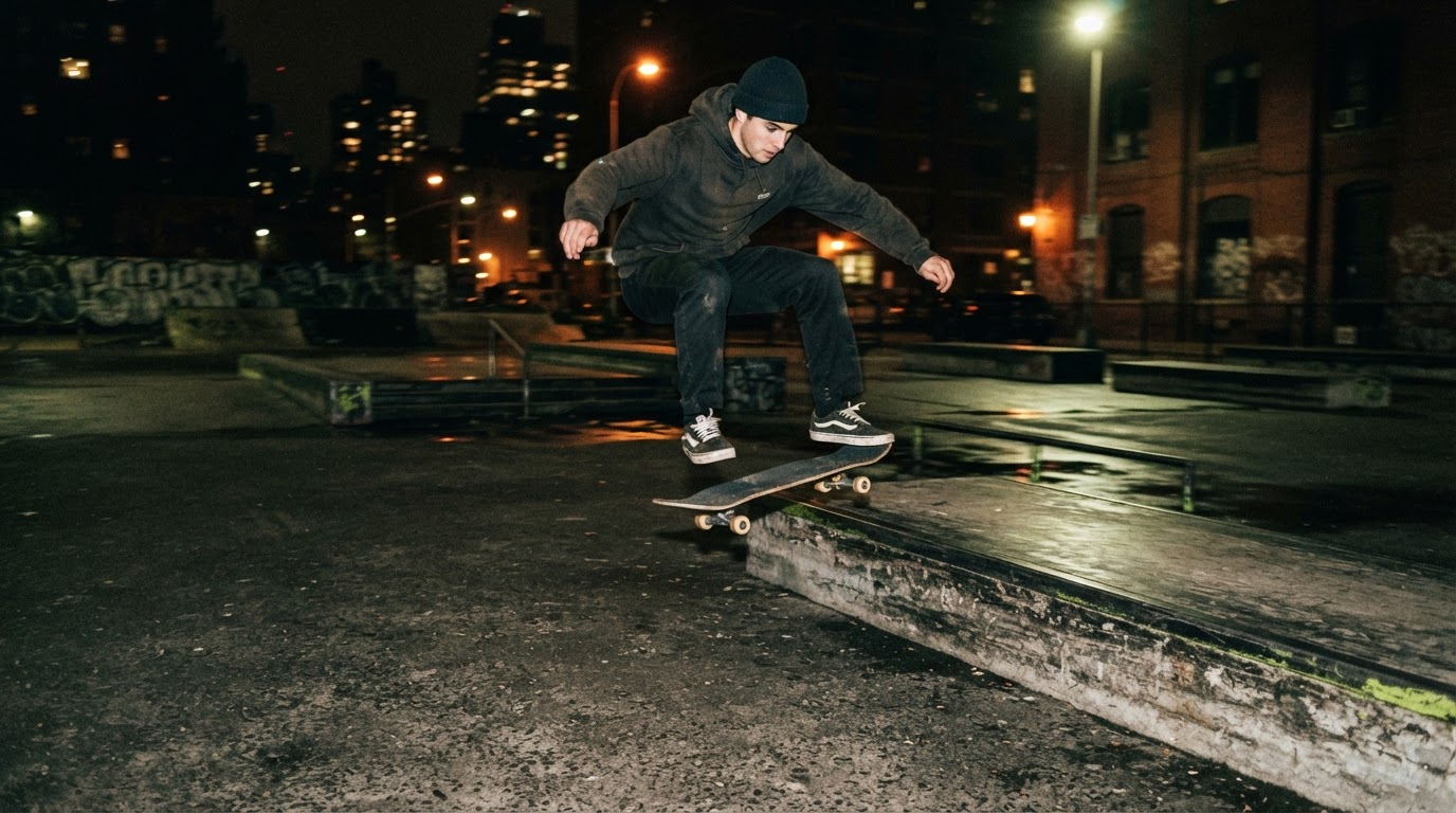 Skateboarder rolling through a city line