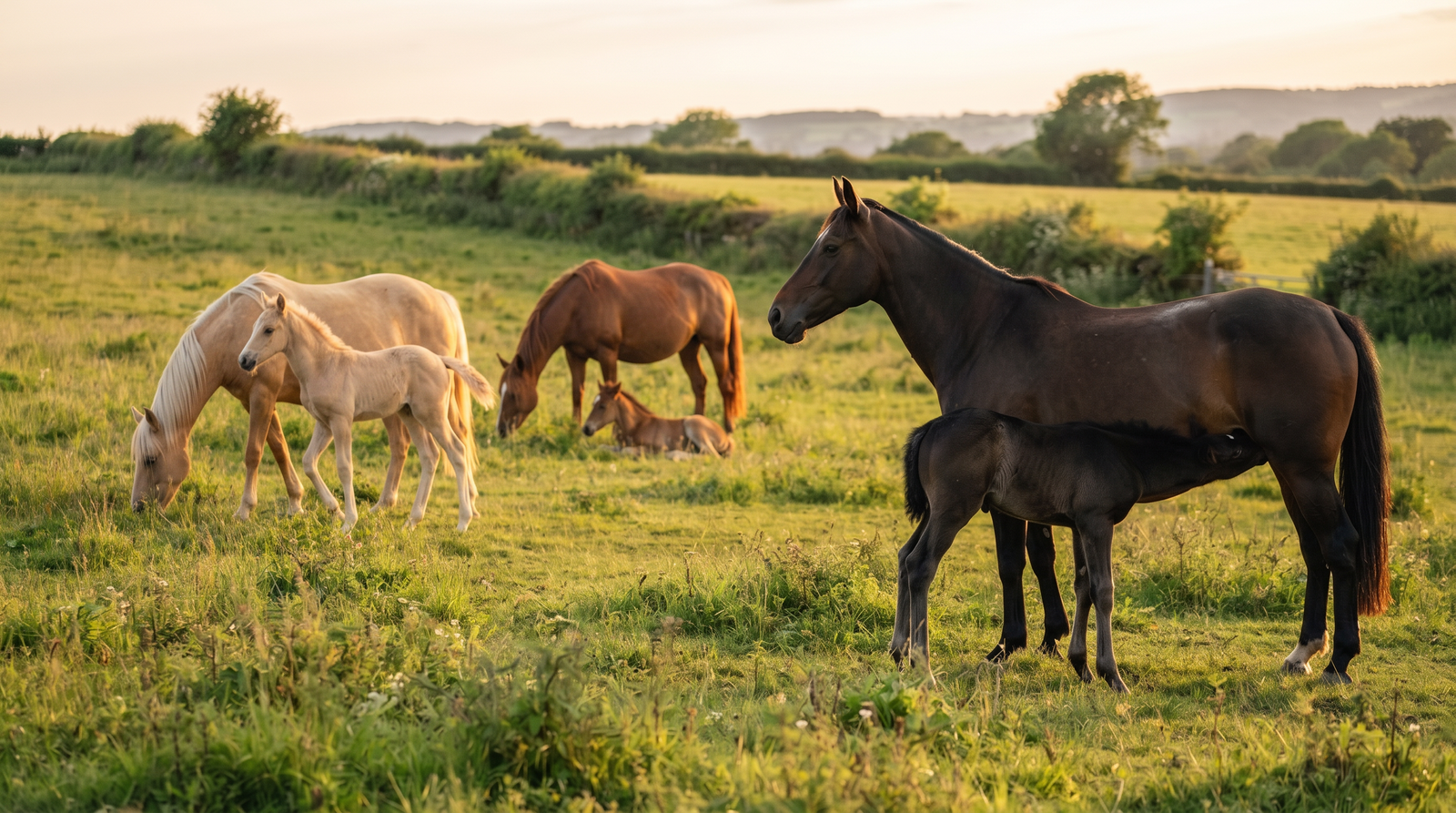 A broodmare stands alert as other mares graze and foals move around them in a green pasture, including one nursing foal